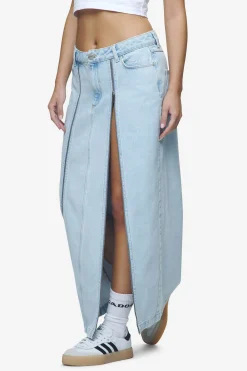 Pegador Aya Denim Midi Zip Skirt Washed Light Blue