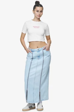 Pegador Aya Denim Midi Zip Skirt Washed Light Blue