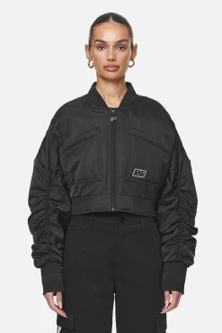 Pegador Laura Cropped Ruffed Oversized Jacket Black