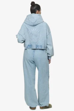 Pegador Zona Cropped Denim Zip Jacket Washed Pale Blue